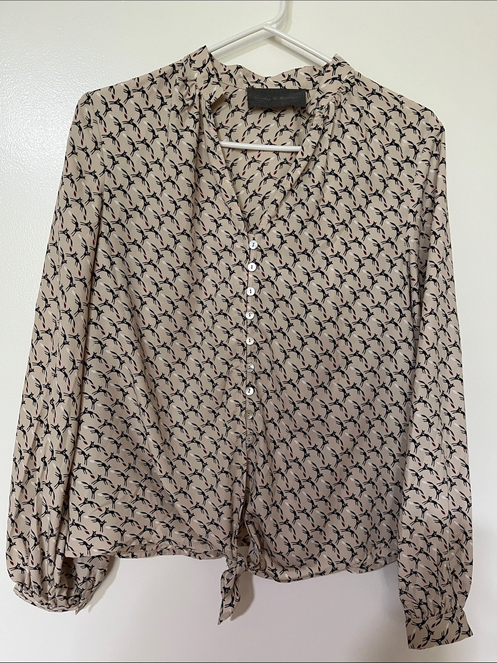 Anthropologie Sunday in Brooklyn Beige Button-Front Blouse with Black Fox Motif